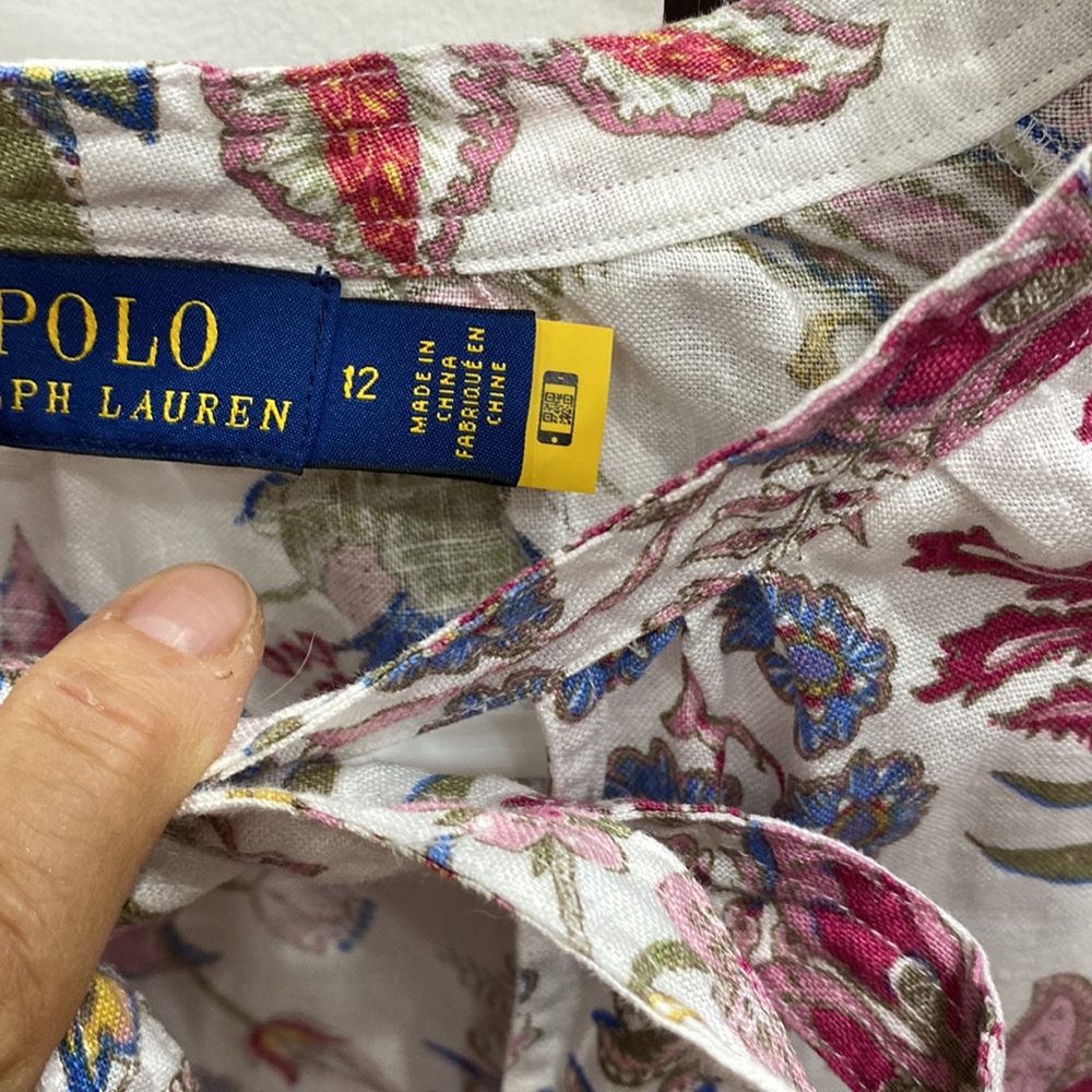 Polo Ralph Lauren Tie Neck Floral Print Linen Blouse, White/Multicolor NWOT - Picture 3 of 9